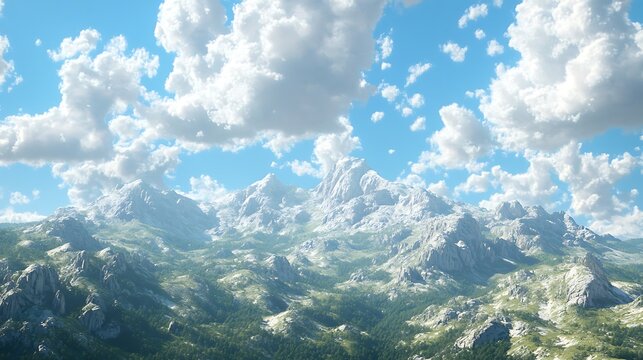 9. Rolling hills and towering mountains under a sky filled with fluffy white clouds