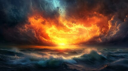 Fototapeta premium Fiery Sunset Sky Over Dramatic Ocean Waves