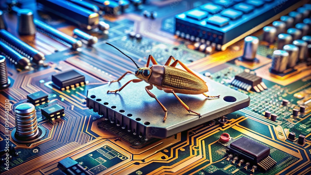 Poster a close-up of a bug crawling on a computer motherboard symbolizing damaged code or virus, highlighti