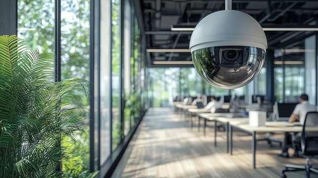 Modern Office Space with Security Camera and Greenery Decor
