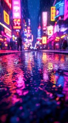 Fototapeta premium Enthralling Rain-Drenched Cityscape at Night with Vibrant Neon Lights