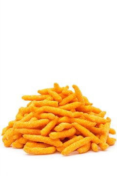 Close-up of orange cheetos stacked in pyramid, Month of snacks.
