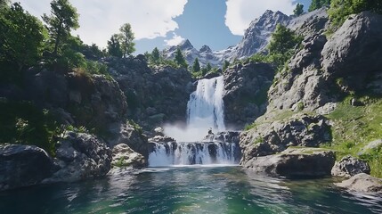 8. A cascading waterfall flowing down a rocky mountain face into a crystal-clear river
