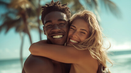 Fototapeta premium Interracial couple smiling and embracing on a sunny beach.