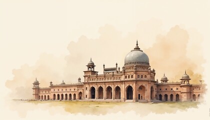 Historic architecture, majestic mood, watercolor style, soft beige tones, palace illustration, copy space