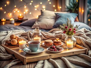 Fototapeta premium A Cozy Bedroom Decor Concept Featuring Minimalistic Icons for Comfort, Serenity, and Relaxation in a Contemporary Home Setting, Perfect for Modern Lifestyle Imagery