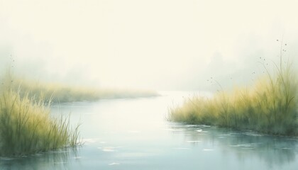 Fototapeta premium Serene landscape depicting baptism scene with river and soft mist