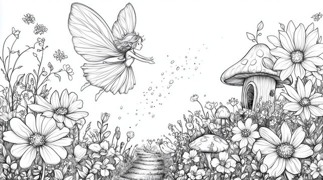 Coloring page of Enchanting Fairy in a Magical Garden with Flowers and Mushrooms