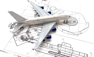 Top view background image of blueprints and plans on engineers workplace in office, copy space
