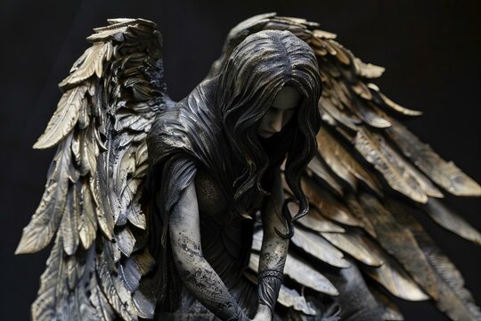 Fallen angel statue with golden wings holding a sword, conveying themes of sadness, loss, and mythology