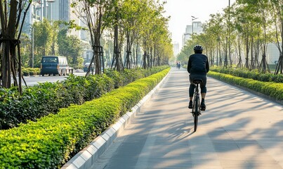 Obraz premium Cyclist rides tree-lined path, morning sun.
