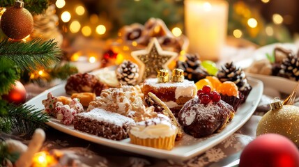 Festive Christmas dessert platter with assorted cookies, cakes, and candies.