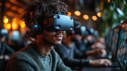 Obraz premium Focused Gamer Interacting with Virtual Reality Headset in Modern Space