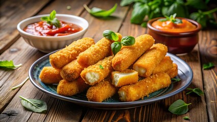 Fototapeta premium A Delicious Plate of Mozzarella Sticks with Golden Brown Crispy Coating and Tangy Marinara Sauce Served on a Wooden Table, Perfect for Appetizers and Snacking Delight