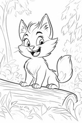 Obraz premium a coloring picture for children aged 2 with a cute kitten in cartoon style, should sit on a log, have big expressive eyes and a fluffy tail, look straight ahead.