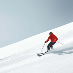 Skiing on snowy slope, skier in red jacket glides gracefully. crisp winter air and bright sunlight create thrilling atmosphere