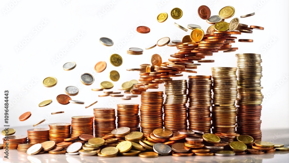 Aufkleber a dynamic display of falling coins on a white background symbolizing wealth and financial growth in 