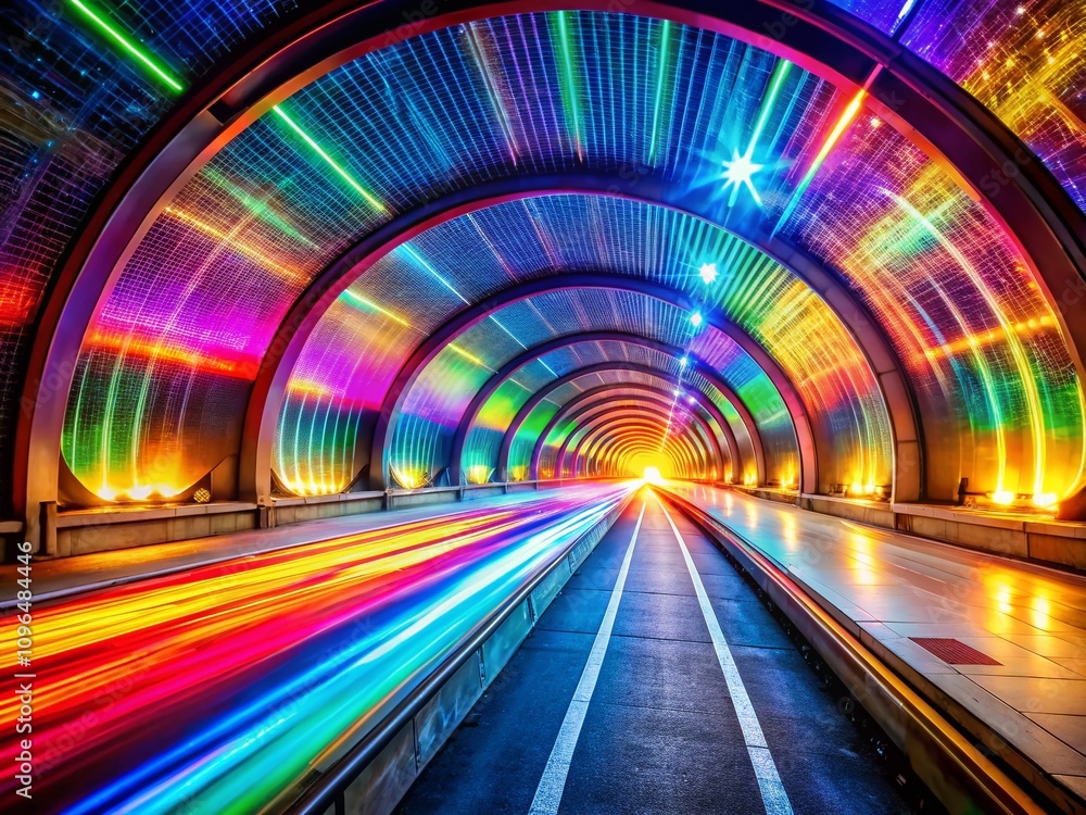 Poster a dynamic digital landscape featuring a mesmerizing tunnel of light with vibrant colors creating an 