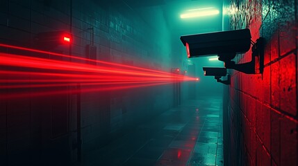 Surveillance Cameras with Red Laser Beams in Darkened Hallway