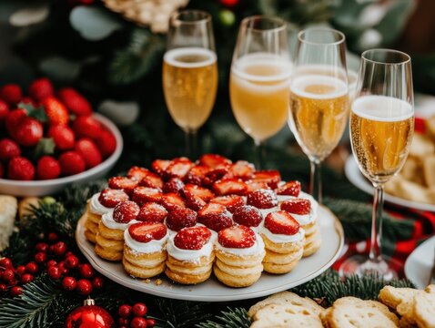 A holiday dessert table featuring layered strawberry pastries, fresh berries, sparkling champagne glasses, and festive Christmas decorations.