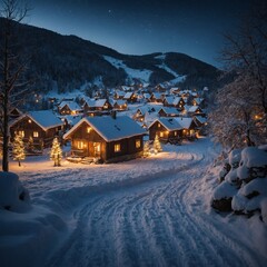 Fototapeta premium A cozy snow-covered village with twinkling lights.