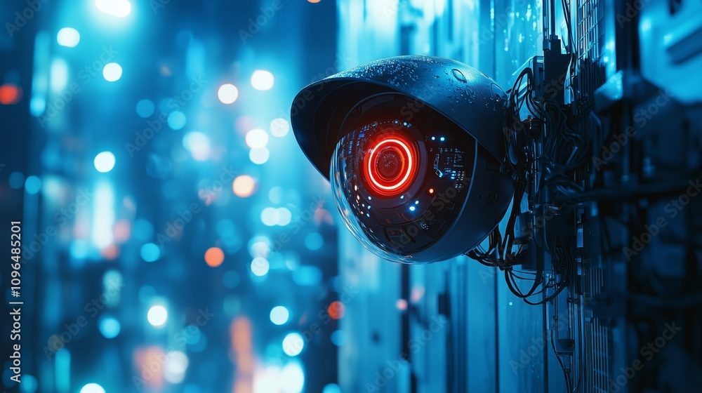 Poster high-tech surveillance camera with neon background and bokeh effect