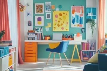 Colorful workspace, art, desk, chair, storage.