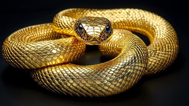A golden snake, made of metal, with its head raised upwards.