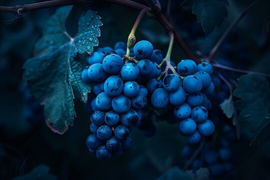 Close up of ripe blue grapes with water drops growing in vineyard, ready for harvest