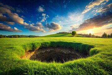 A Large Hole in the Ground Surrounded by Lush Green Grass, Nature's Resilience Captured in Product Photography, Ideal for Environmental and Landscape Themes