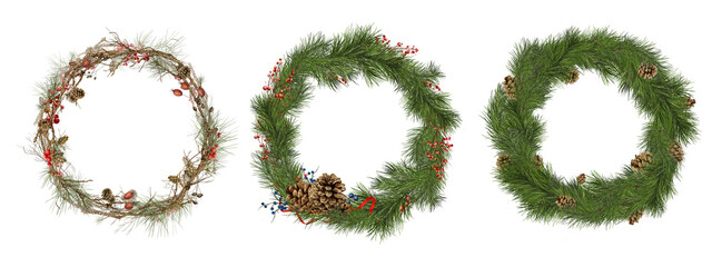 Set of Christmas wreaths made of pine and fir branches with cones and berries. Watercolor digital illustration. New Year decoration made of coniferous tree and mistletoe, isolated on white background.