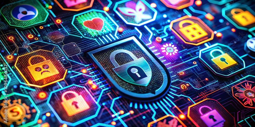 Aufkleber a macro photography collection of hacker-themed symbols representing cybersecurity, malware, viruses