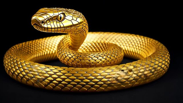 A golden snake, made of metal, with its head raised upwards.