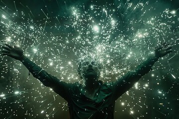 Illuminated holographic representation of human body s 3d anatomy against dark backdrop