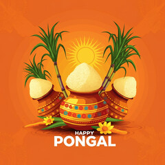 A vibrant Pongal scene with two decorated clay pots filled with milk, surrounded by sugarcane, turmeric plants, and a glowing sun on an orange background