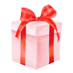 Gift pink box with shiny satin bow. Watercolor digital illustration. Gift for any occasion, entwined and decorated with bow, isolated on white background. For cards, invitations and fabric design