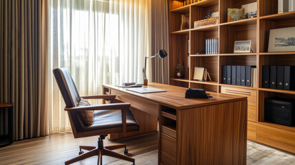 Muted, natural tones dominate the space, such as walnut brown, cream, olive green, and soft gray, creating a calm and focused atmosphere.
