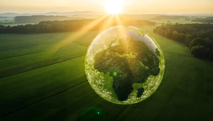 Importance of Agriculture for Earth - aerial view of lush green farmland stretching with Earth-shaped v3