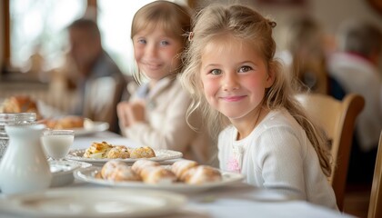 Fototapeta premium Joyful children at a colorfully decorated table relishing easter delicacies together