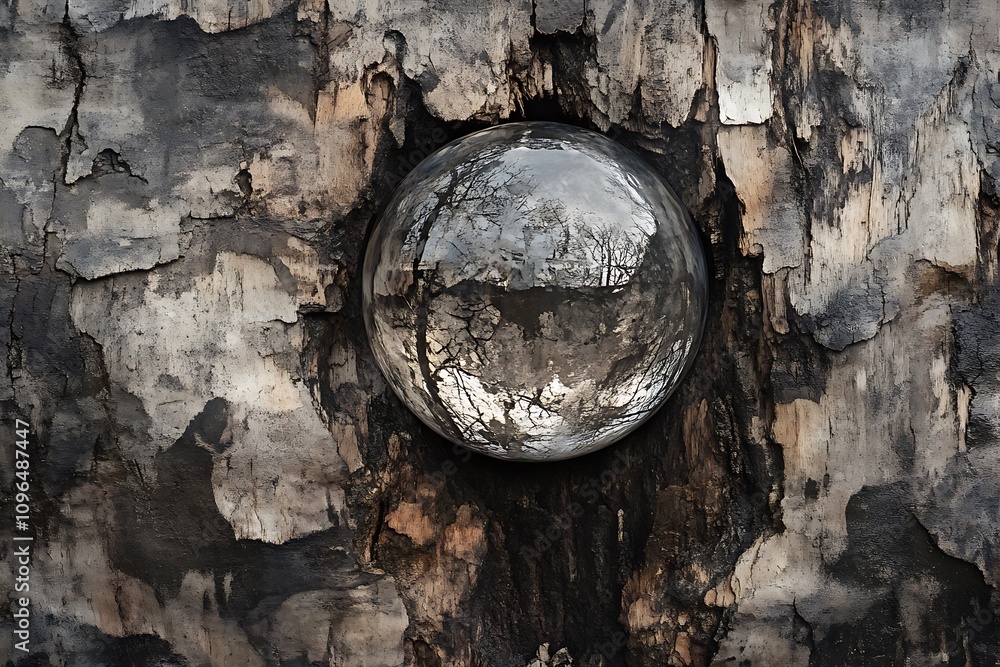 Poster glass sphere reflecting winter trees in a weathered tree trunk.