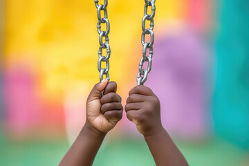 Close up of African American child hands gripping metal chains on swing, showcasing joy and playfulness against colorful background