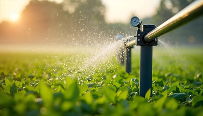 Smart Irrigation Systems in Action - automated sprinkler system in a lush green field, with water droplets v3
