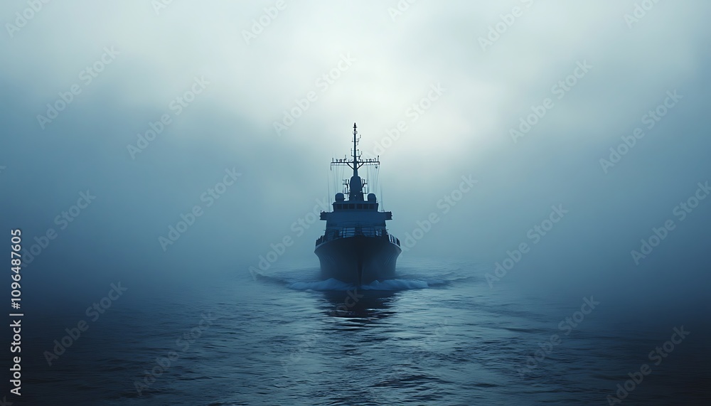 Poster a ship navigates through dense fog, creating a mysterious and atmospheric scene.