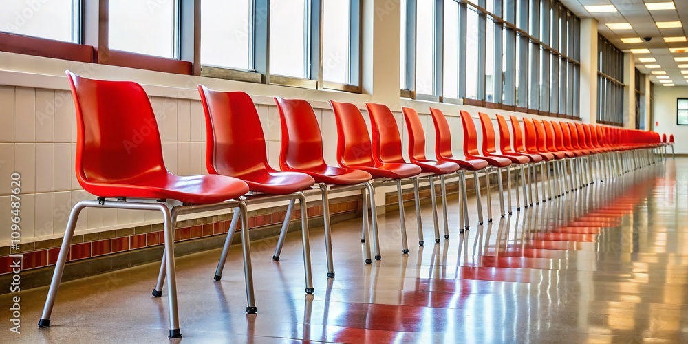Poster a row of empty red chairs in a school hallway: capturing the essence of education and space in an in
