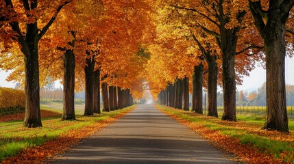 Fototapeta premium Idyllic autumn road lined with vibrant orange trees.