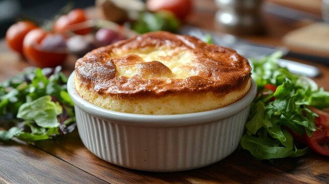 A delicious cheese souffle served.