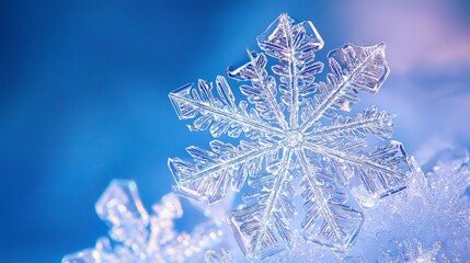 Intricate, crystalline snowflake on blue background.