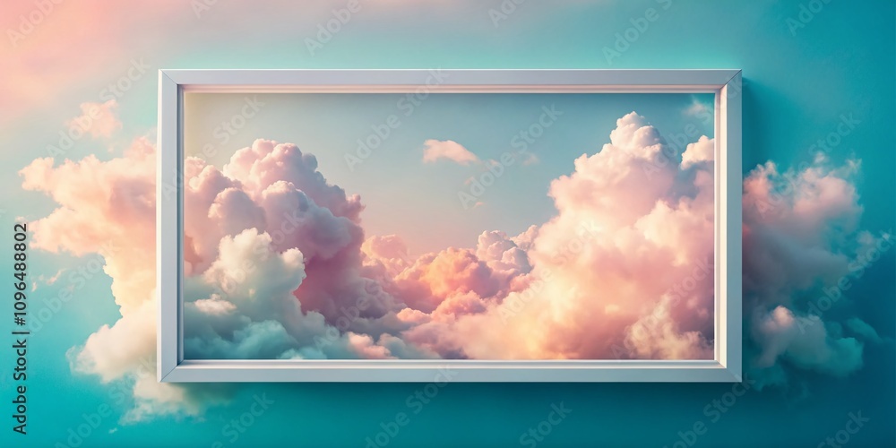 Poster a soft pastel cloud computing concept with abstract shapes framed by a border background, ideal for 