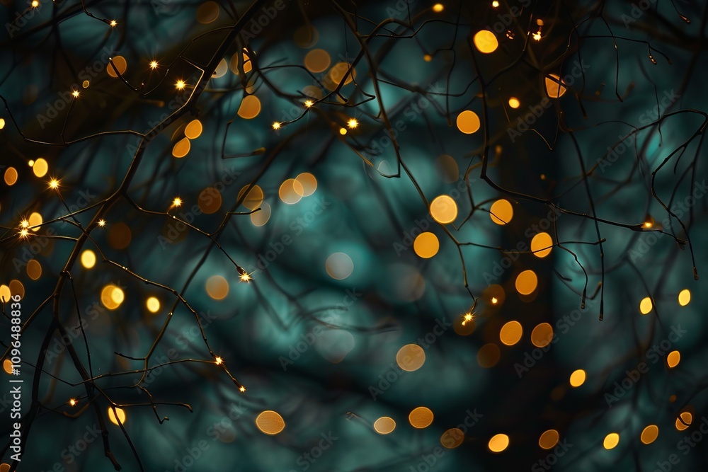 Poster small warm christmas lights wrapped around bare branches create a magical bokeh effect against a dar