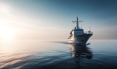 A ship navigating calm waters during sunset, symbolizing exploration and tranquility.